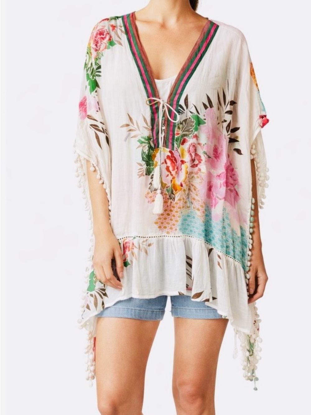 Boho Floral Ivory V-Neck Pom-Pom Tunic with Pink & Green Accents